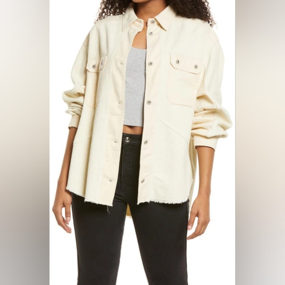 Frayed Corduroy Shirt Jacket - Ecru